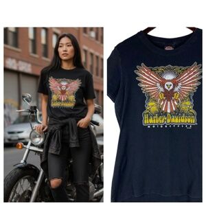 Harley Davidson Motorcycles Womens XL T-Shirt Tee Top Black Eagle Texas